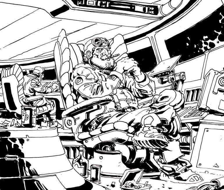 Dessin noir et blanc pilote vaisseau